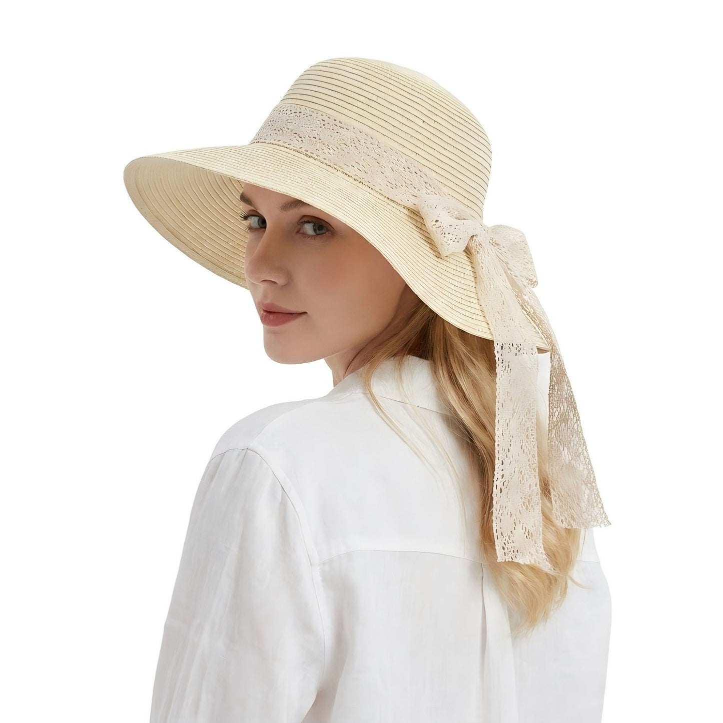 Women's Wide Brim Straw Sun Hat Lace Ribbon Tie Lightweight Summer Beach Hat