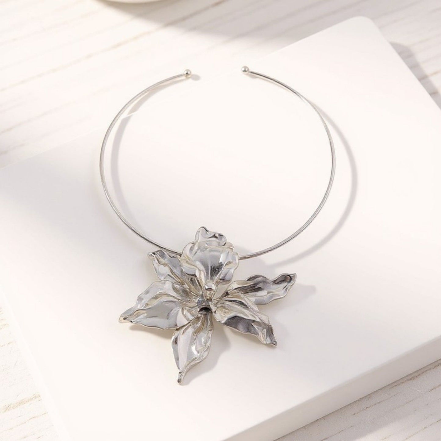 Women's Sculpted Flower Pendant Necklace with Smooth Metal Finish Statement Jewelry