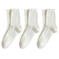 3 Pairs Mid-Crew Cable Knit Socks with Ruffle Cuffs Soft Stretchy Vintage-Inspired Design
