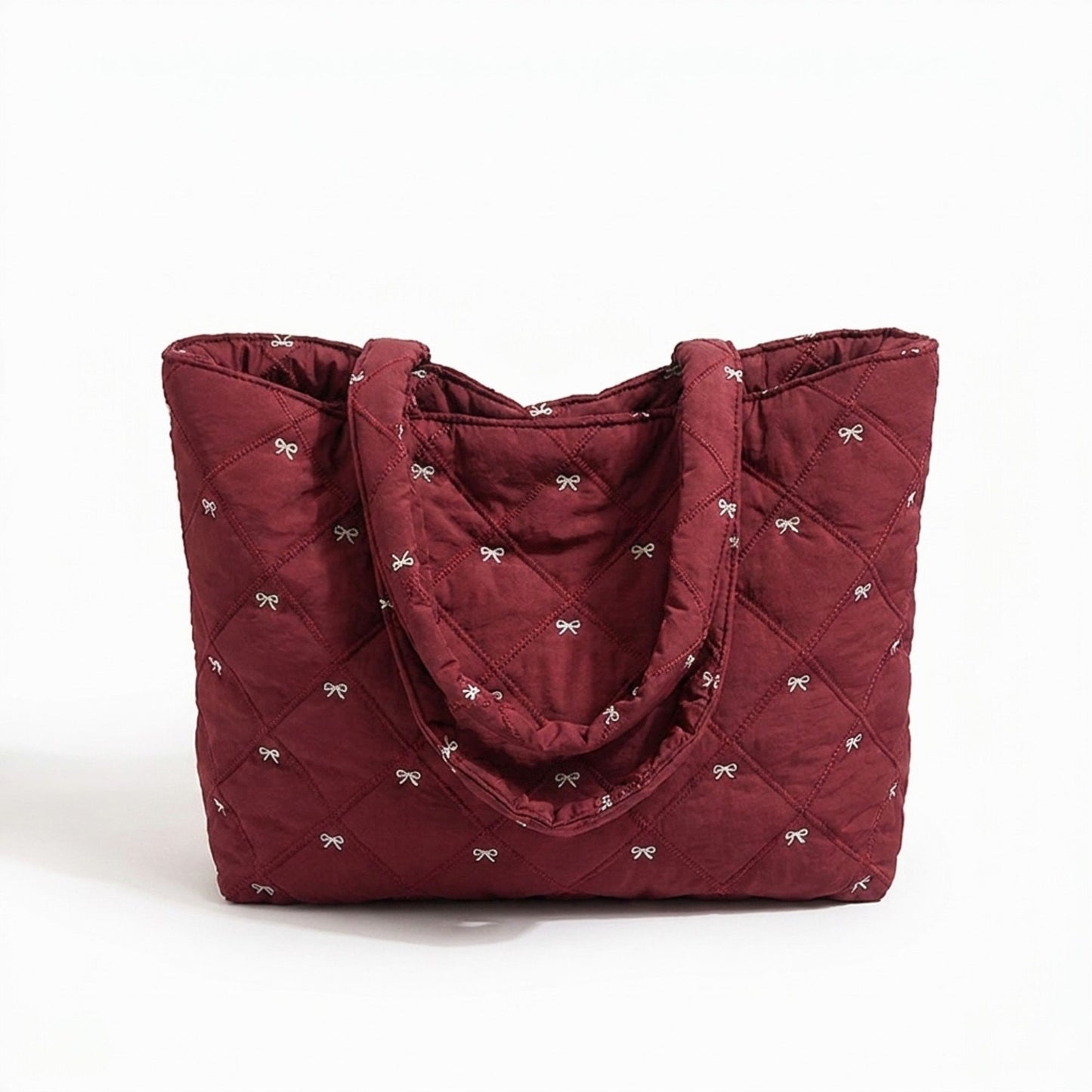 Quilted Tote Bag Large Capacity Shoulder Bag with Bow Embroidery and Magnetic Closure