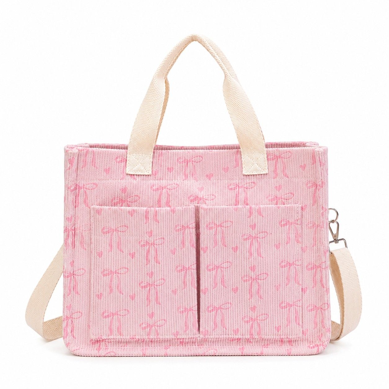 Canvas Tote Bag with Bow Print Large Capacity Lightweight Adjustable Shoulder Bag