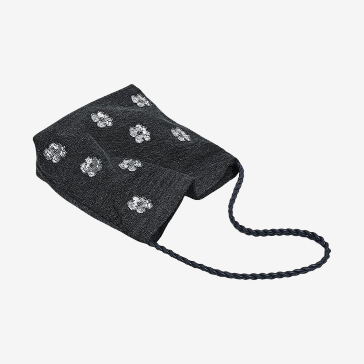 Black Sequin Embellished Braided Shoulder Bag Canvas Handbag