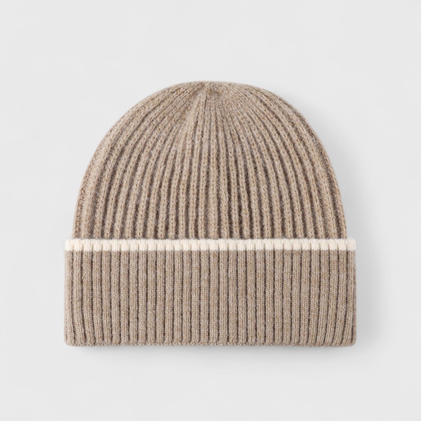 Ribbed Knit Beanie Hat with Contrast Trim and Folded Cuff