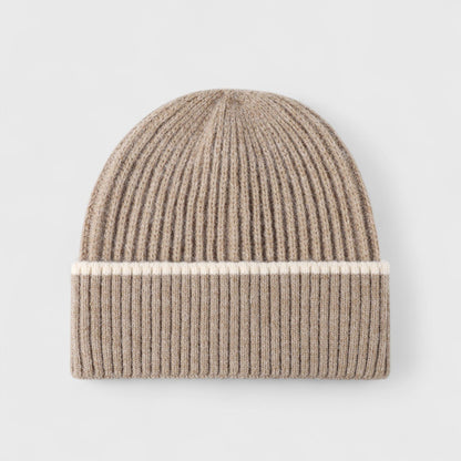 Ribbed Knit Beanie Hat with Contrast Trim and Folded Cuff