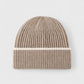 Ribbed Knit Beanie Hat with Contrast Trim and Folded Cuff