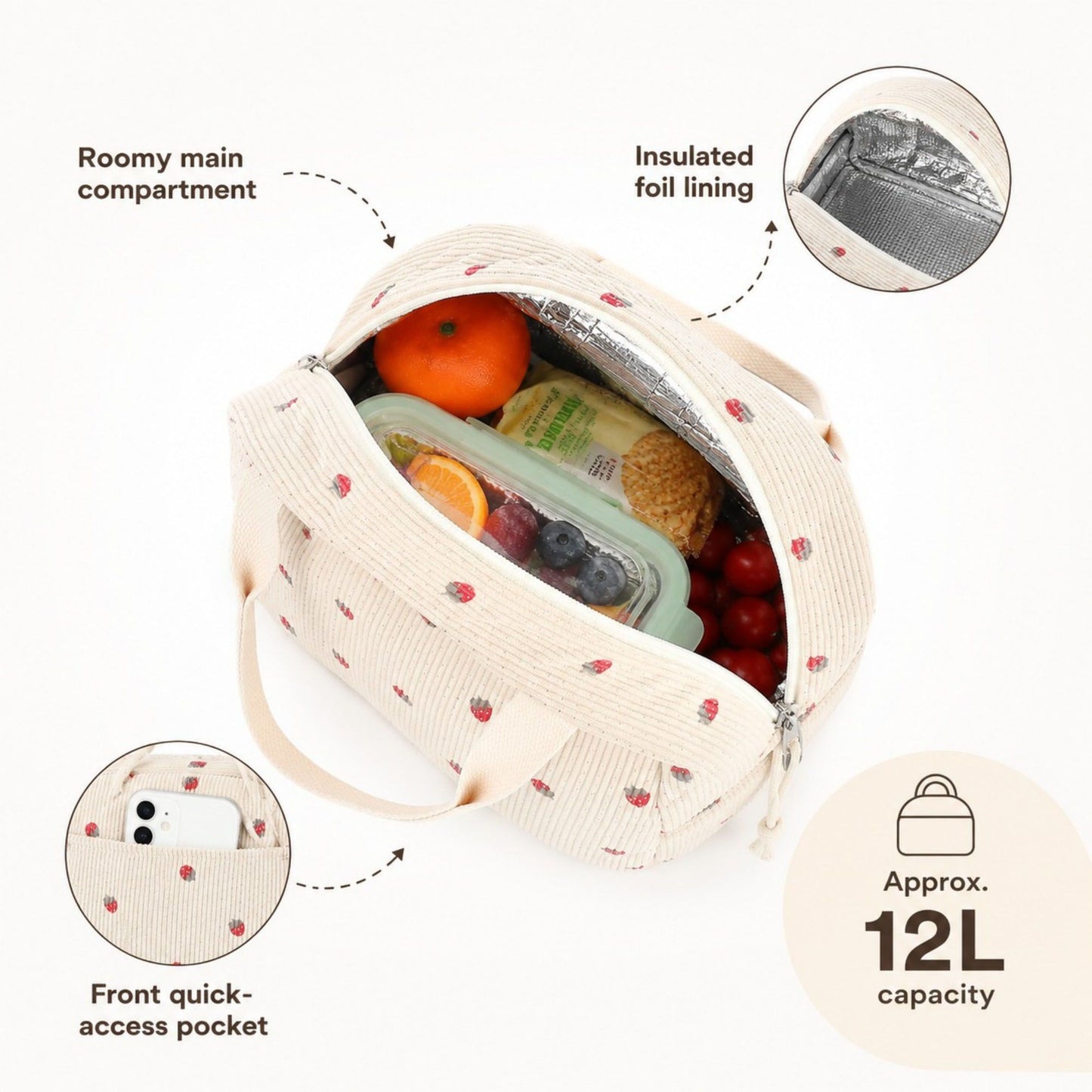 Strawberry Print Corduroy Insulated Lunch Bag with Handles and Zip Closure