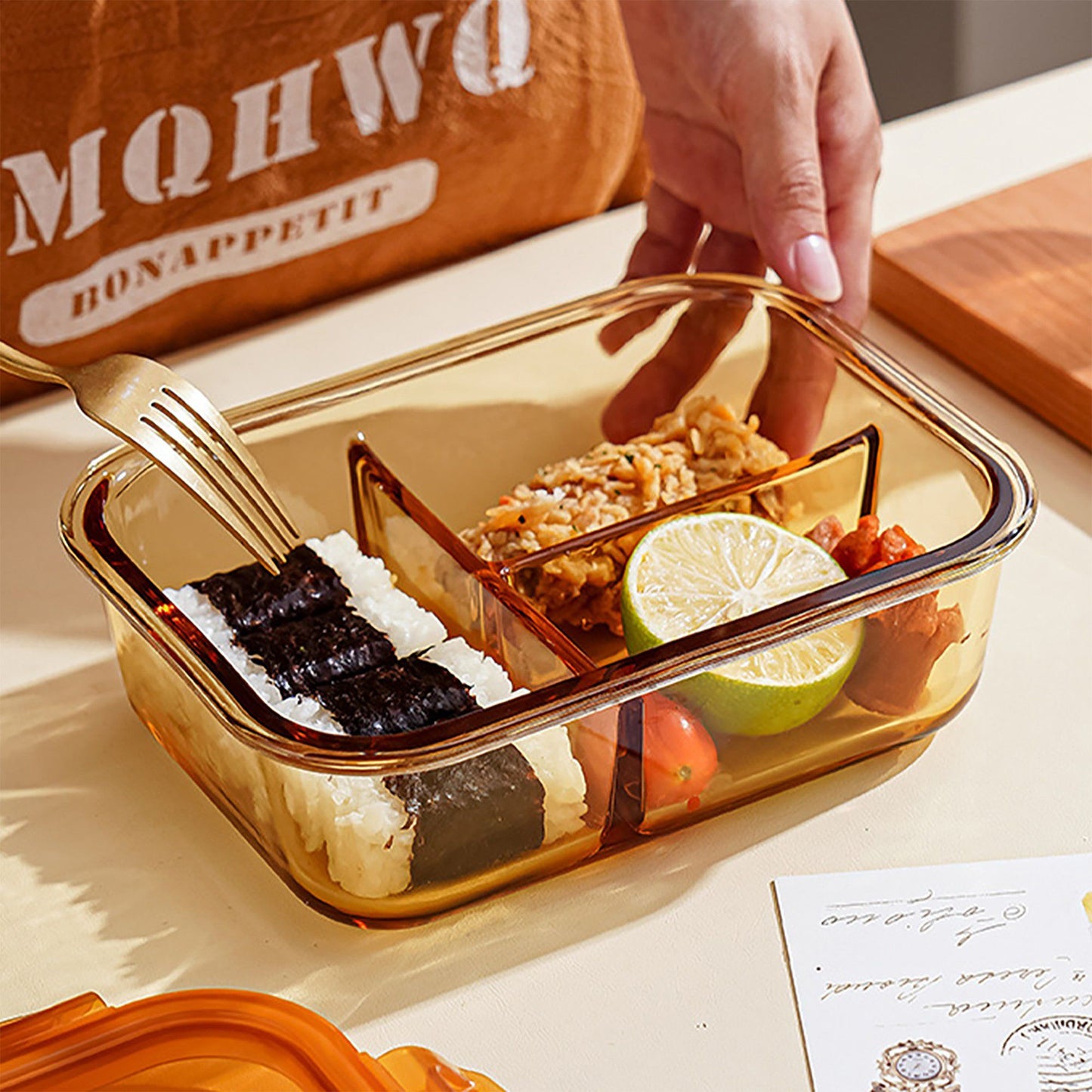 Divided Food Storage Container with Snap Lid and Sauce Compartment