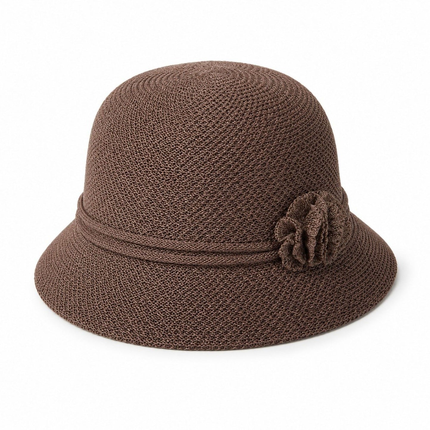 Woven Cloche Sun Hat with Floral Accent and Short Brim