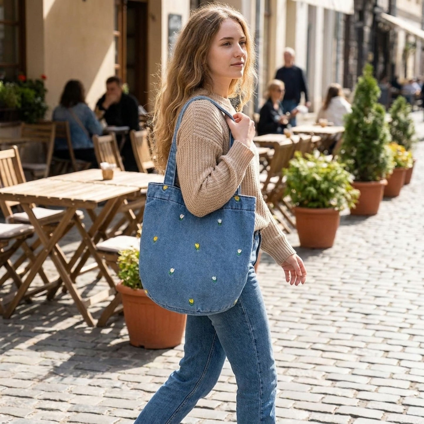 Embroidered Floral Bucket Tote Bag with Shoulder Handles