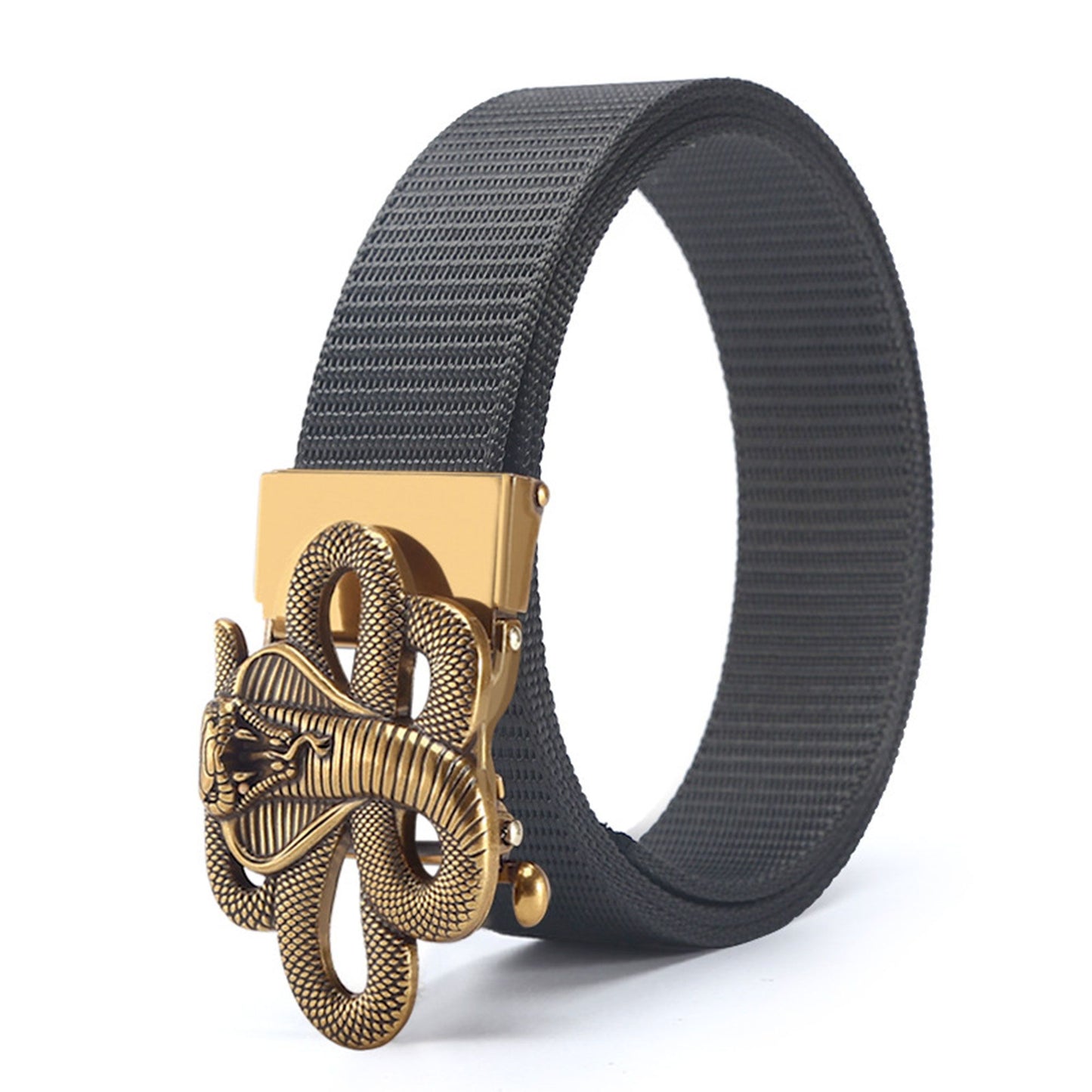 Nylon Belt with Gold Cobra Buckle - Bold Statement Buckle Belt for Edgy Casual & Stylish Outfits
