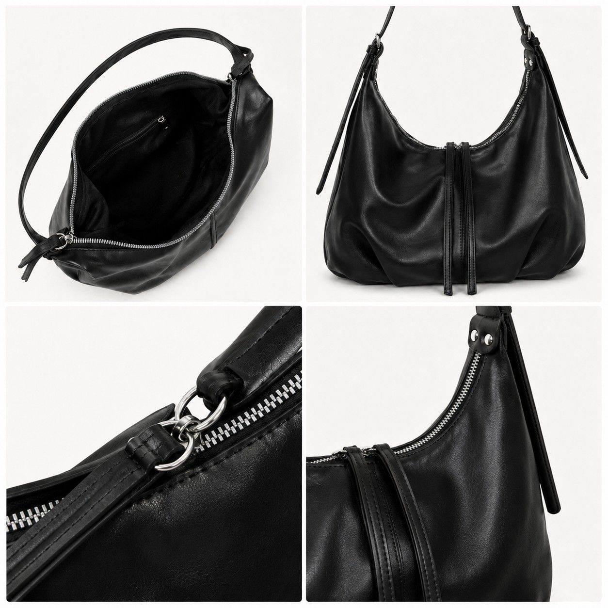 Slouchy Faux Leather Hobo Shoulder Bag with Adjustable Strap and Zip Closure