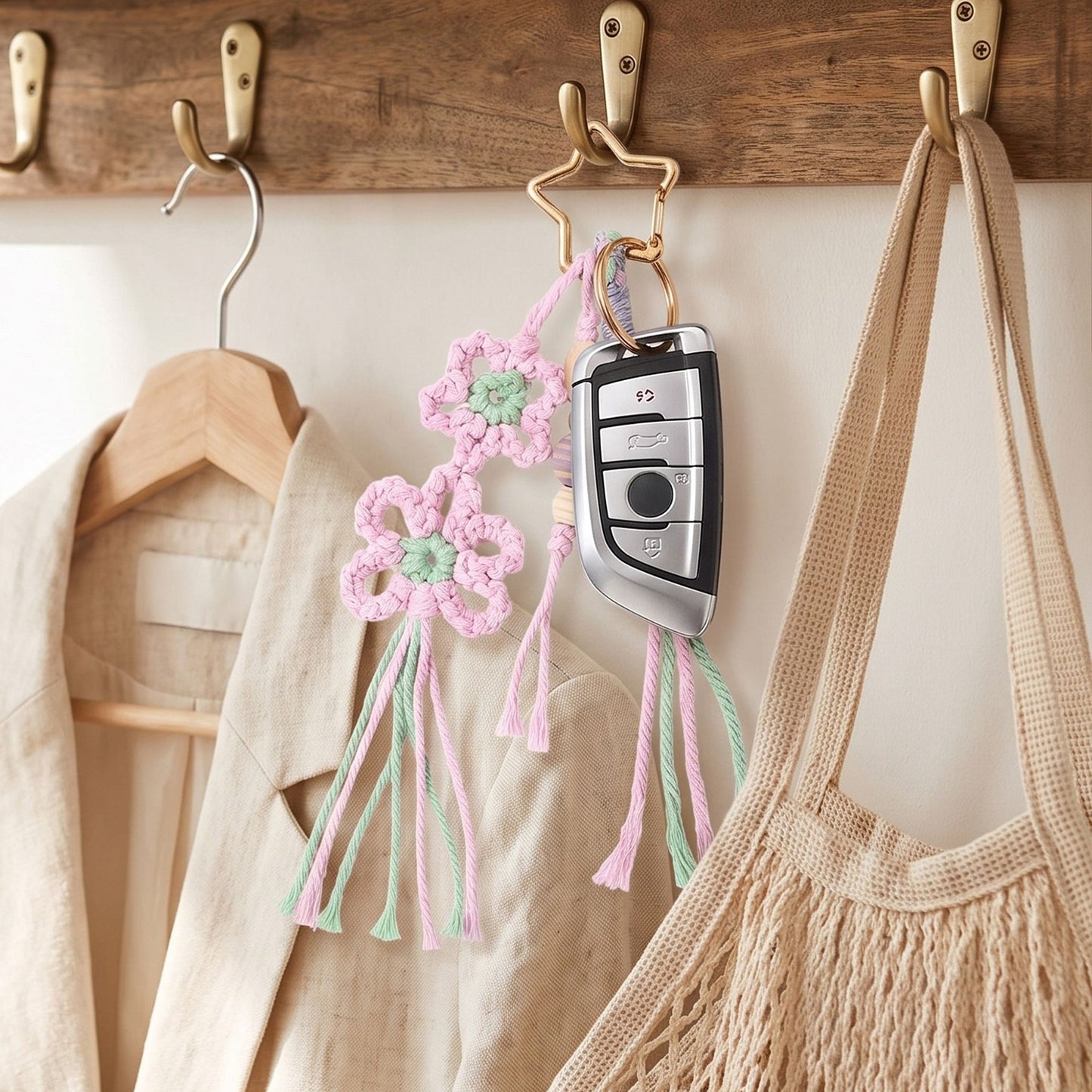 Pink Macrame Flower Bag Charm with Beads Braided Tassels and Star Clip