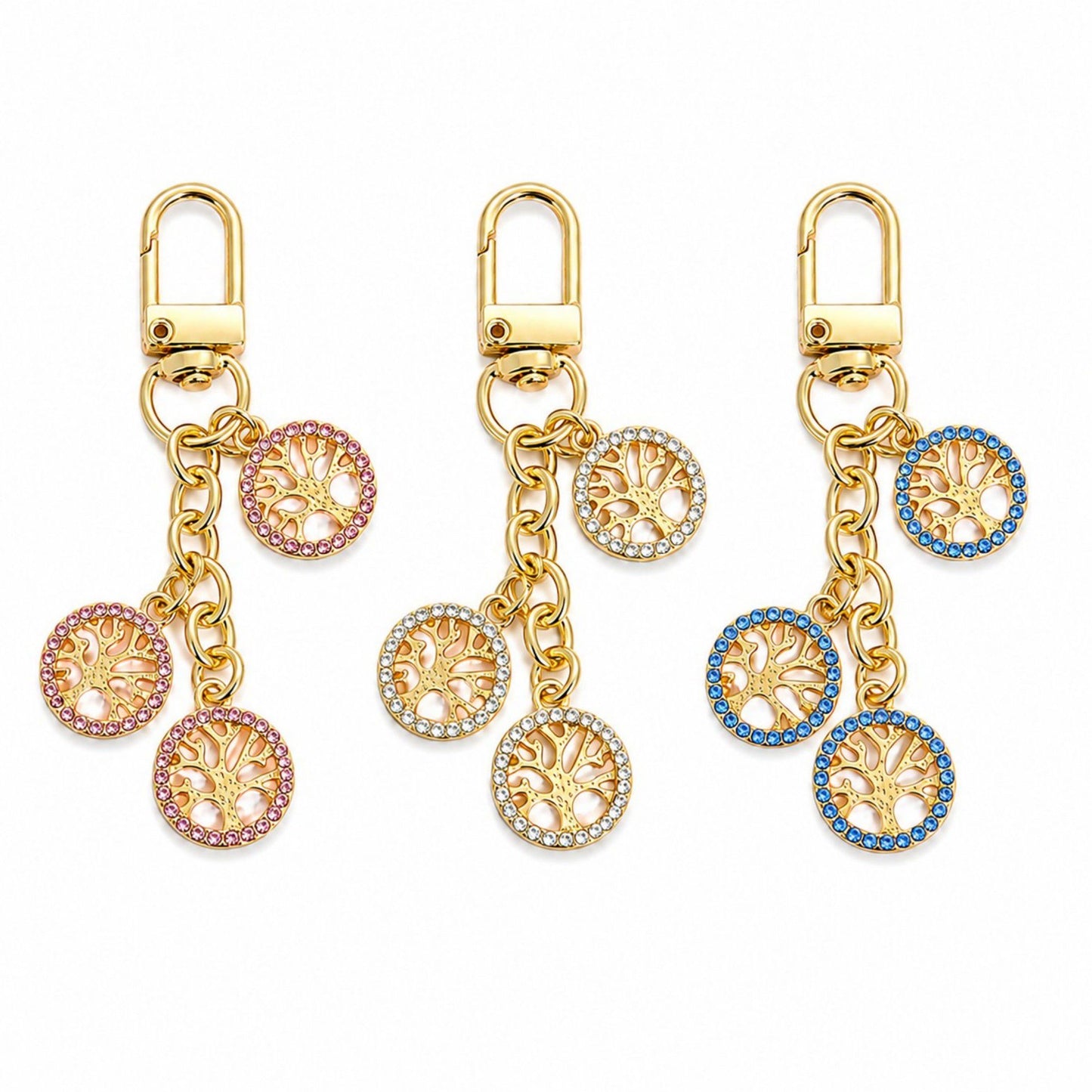 3pc Tree Medallion Keychain Bag Charm with Rhinestone Trim Gold Tone Chain and Clip