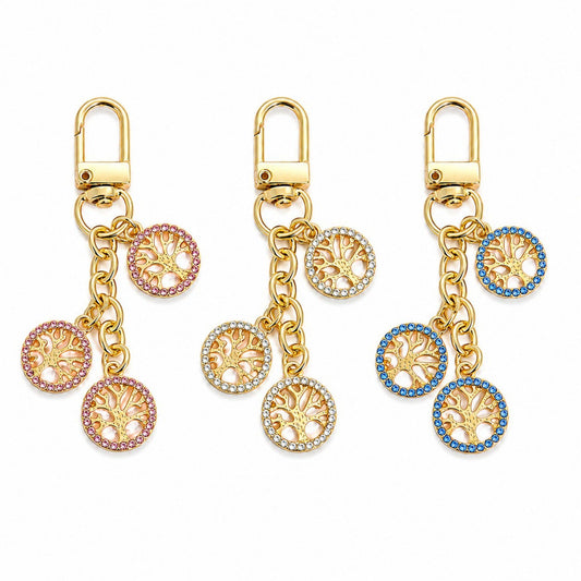 3pc Tree Medallion Keychain Bag Charm with Rhinestone Trim Gold Tone Chain and Clip