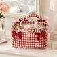 Quilted Gingham Storage Caddy with Handles Bow Accent for Makeup Vanity Dorm Bathroom Organizer