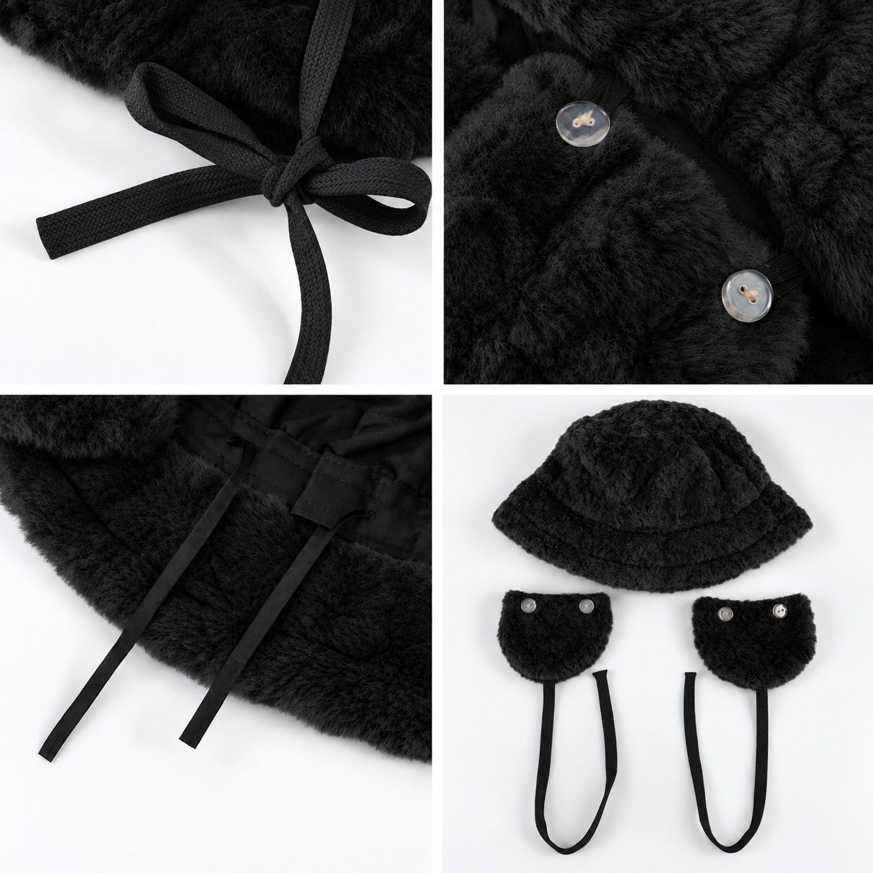 Plush Bucket Hat Removable Ear Flaps Tie Straps Fuzzy Winter Hat