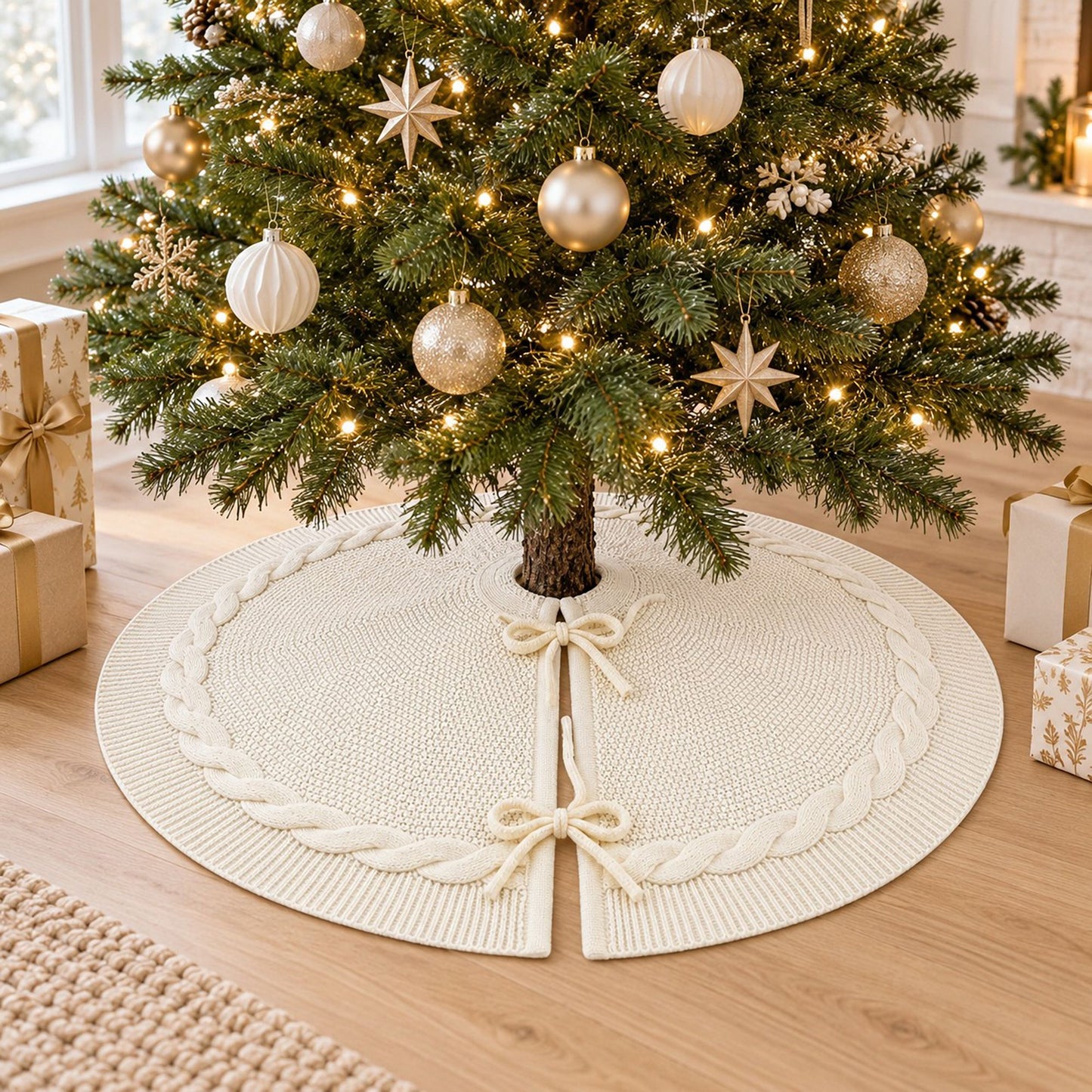 Cable Knit Christmas Tree Skirt with Bow Tie Closure
