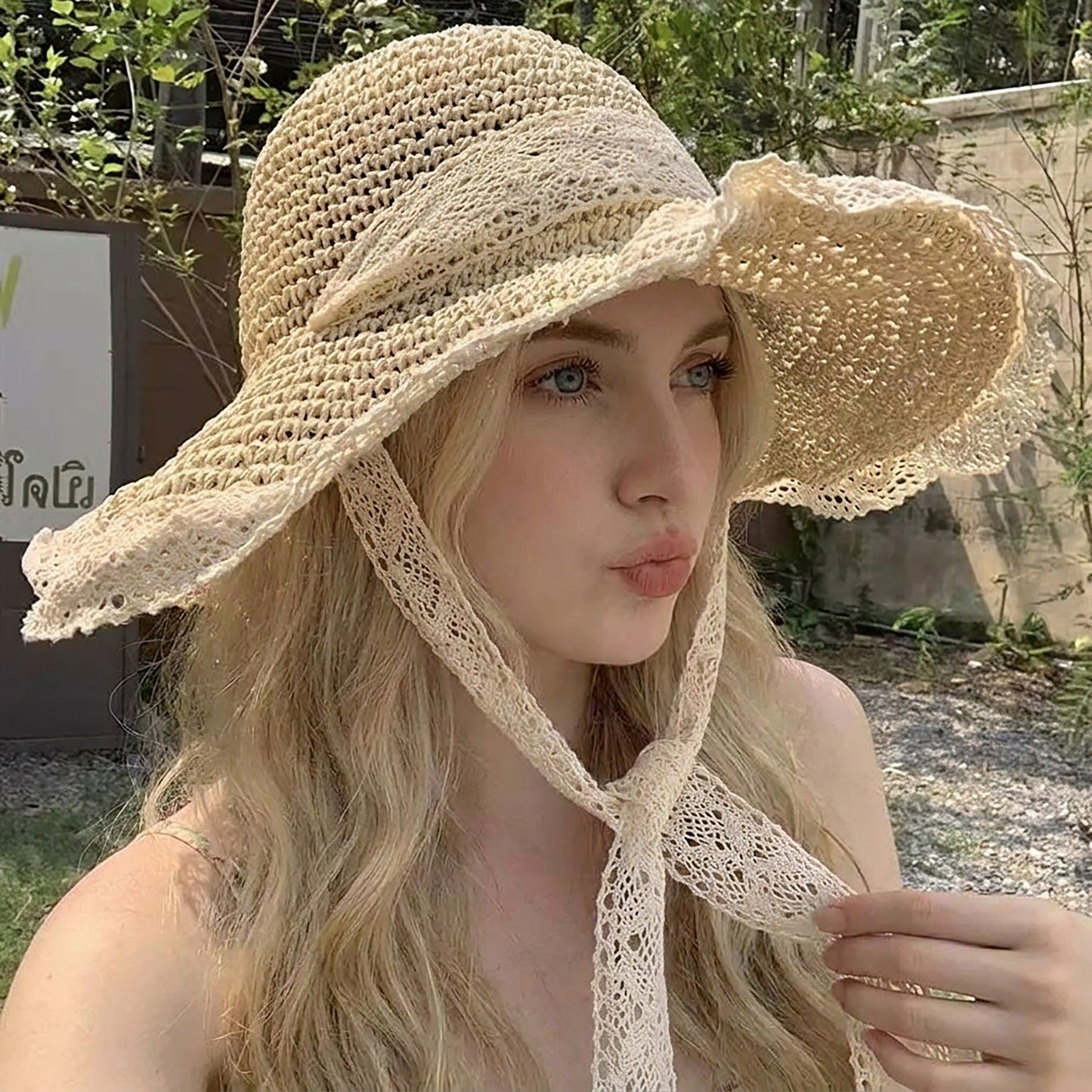 Crochet Wide Brim Sun Hat with Lace Trim Bow Accent and Wavy Brim
