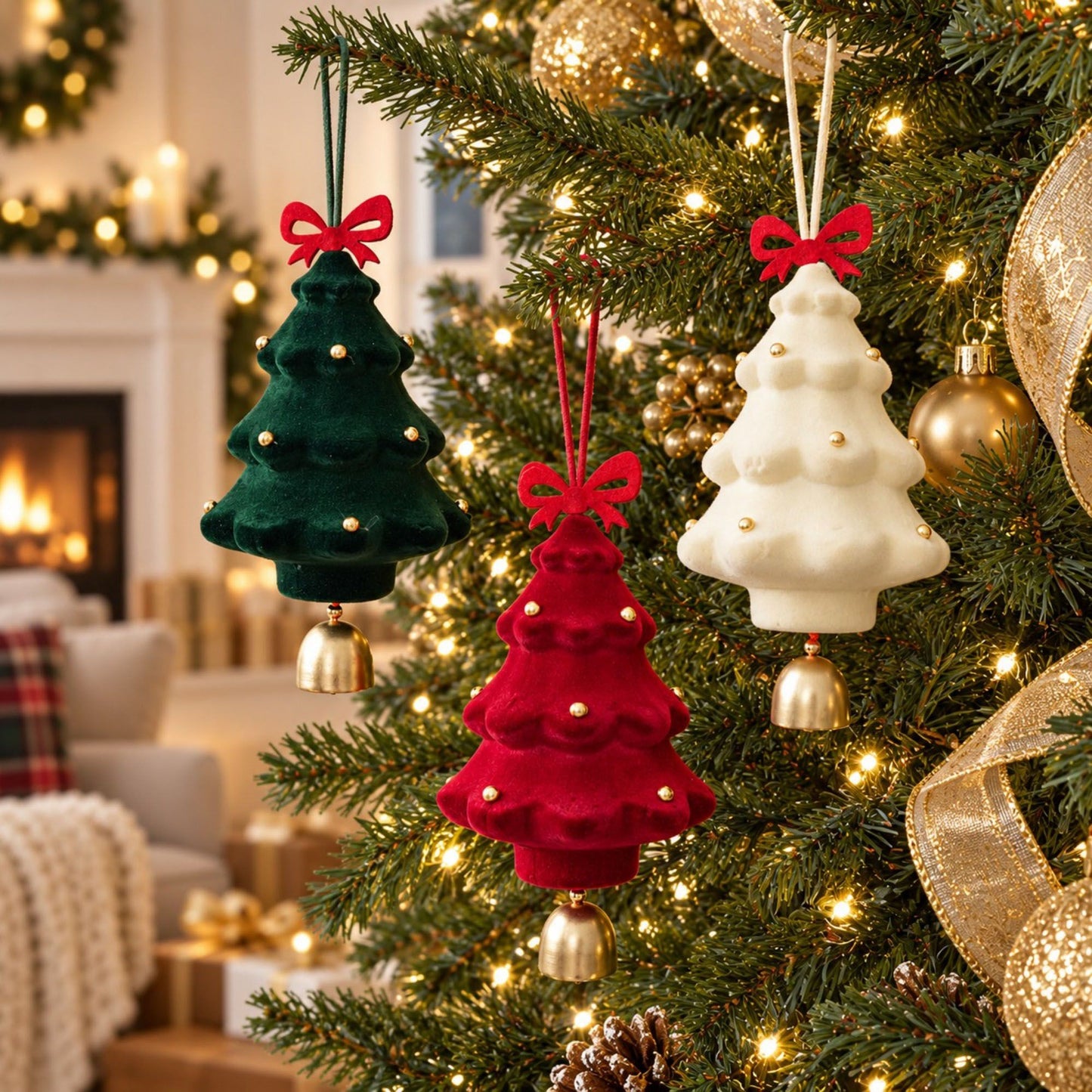3 Pack Christmas Tree Ornaments with Bow and Bell Hanging Holiday Decorations