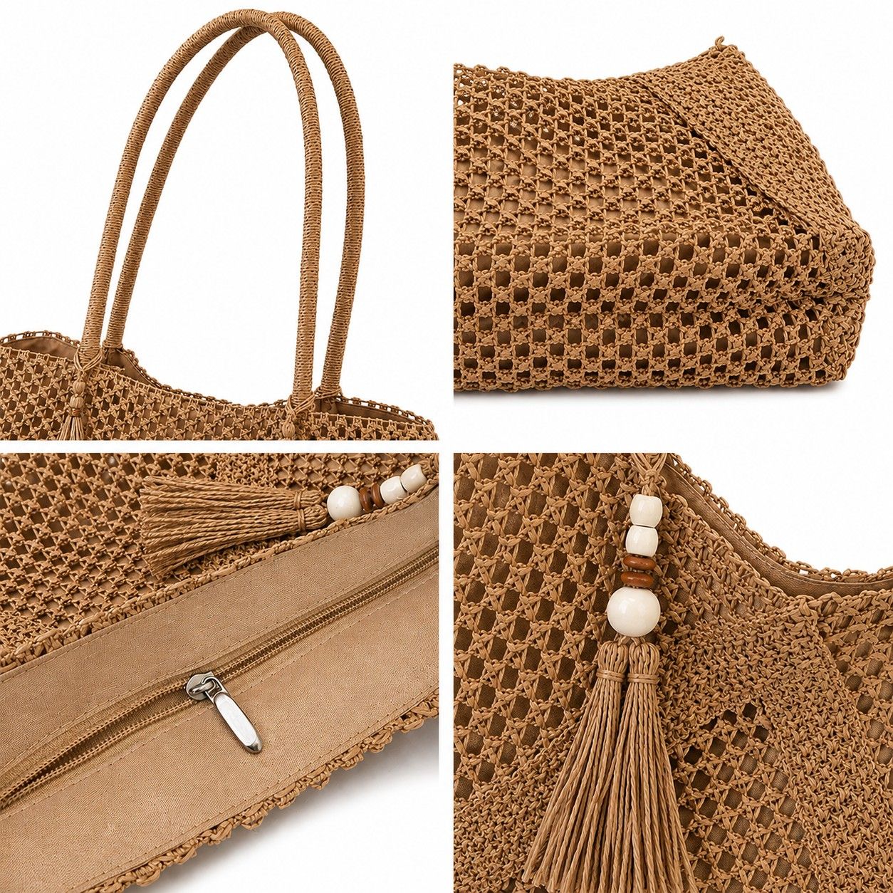 Open Weave Beach Tote Bag with Zip Closure Rope Handles and Tassel Accent