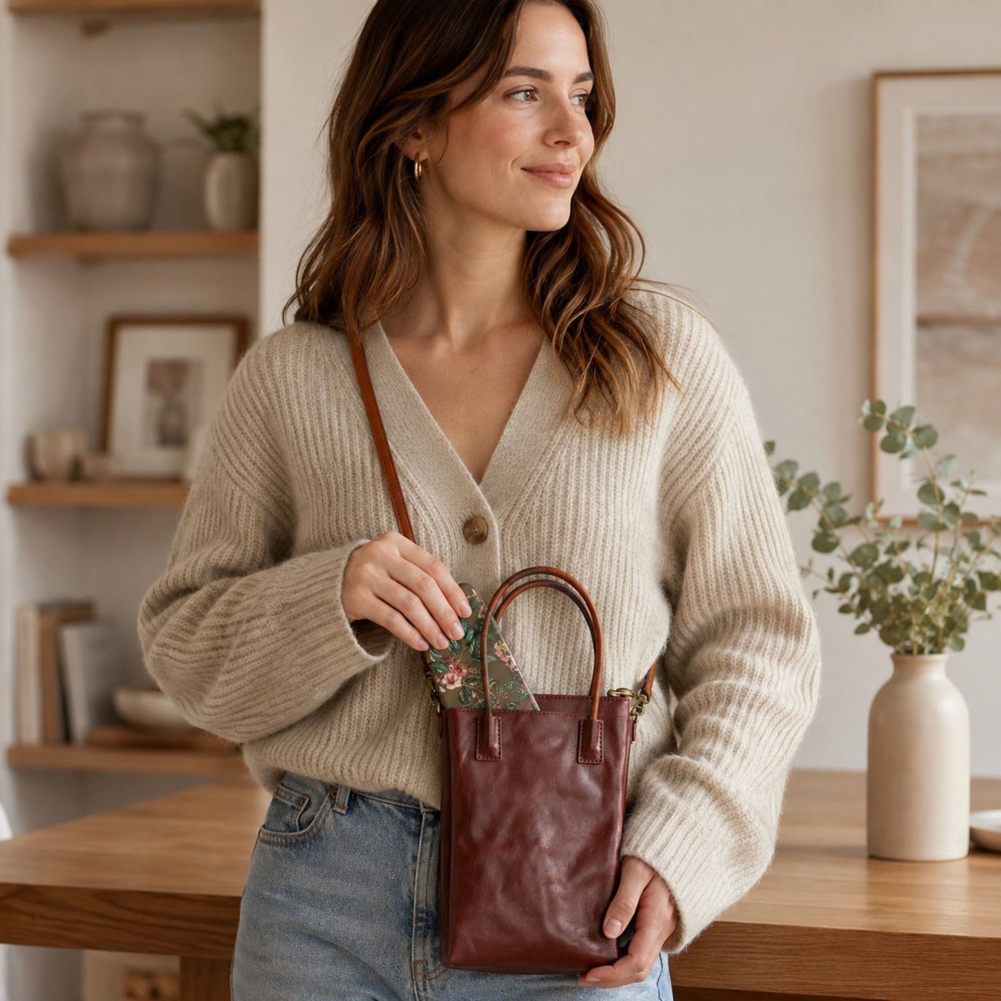 Mini Tote Bag with Top Handles and Adjustable Crossbody Strap