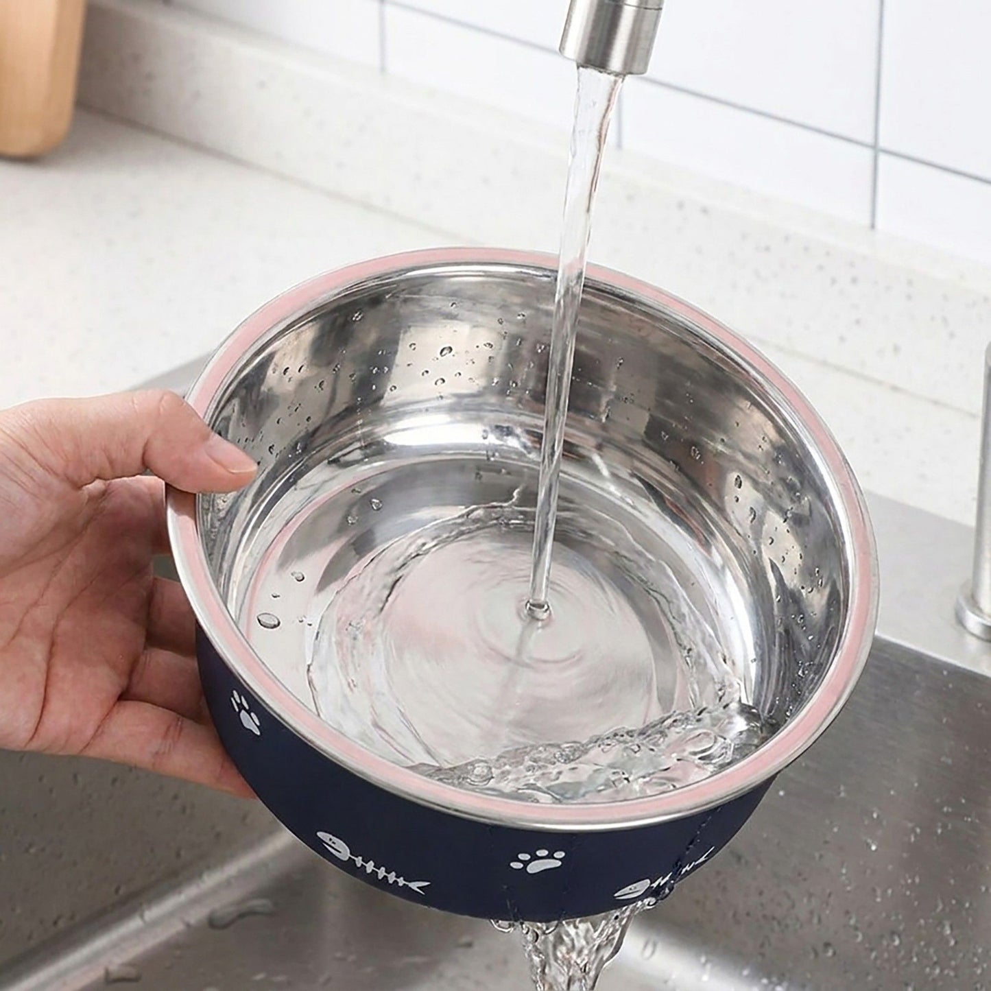 Stainless Steel Pet Bowl - Non-Slip Dog and Cat Food Dish with Paw Print Accent