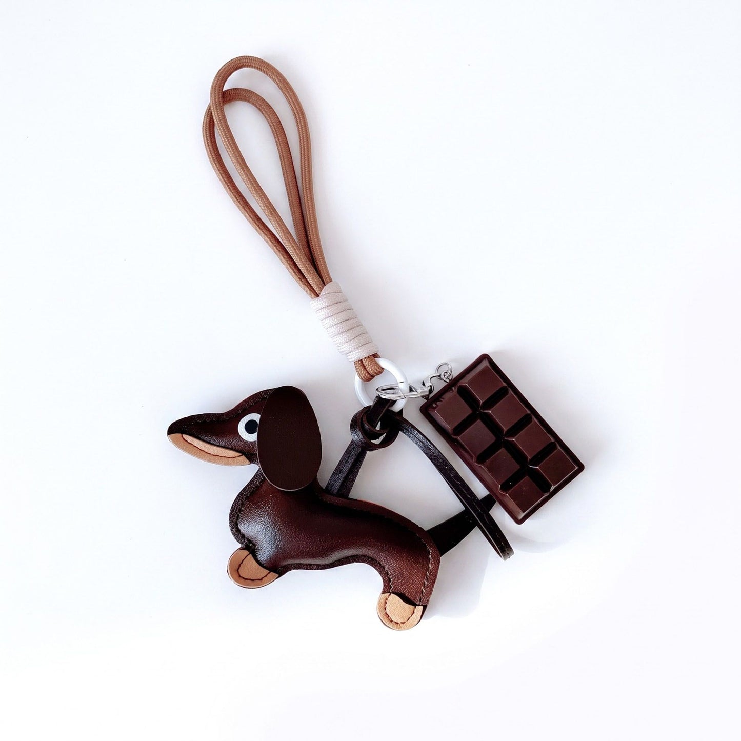 2-Piece Dachshund Dog Bag Charm Keychain Chocolate Bar Accent Rope Loop Purse Accessory