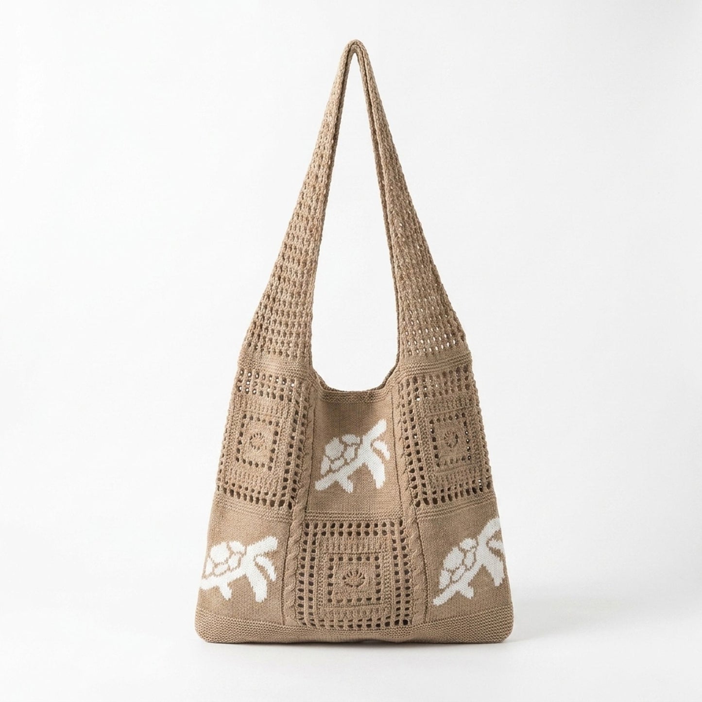 Knit Tote Bag Floral Pattern Shoulder Bag Open Top Casual Everyday Carry Handbag