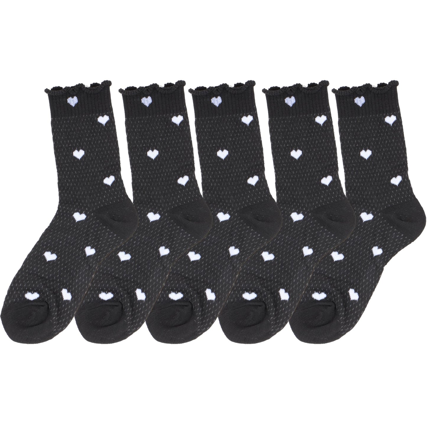 5-Pair Set Frilly Crew Socks with Valentine Heart Pattern and Ruffle Trim Breathable Knit Design for Flats or Loafers
