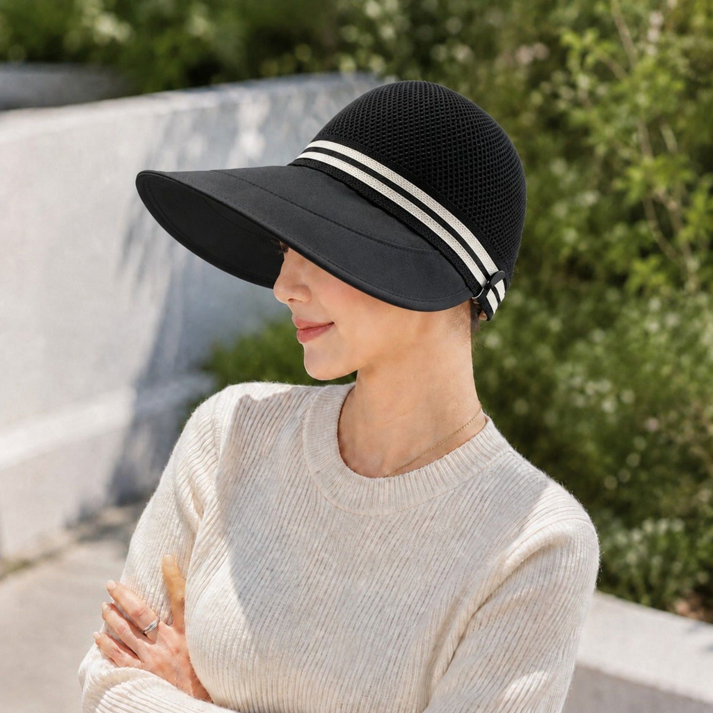 Woven Wide Brim Visor Hat with Striped Band Mesh Crown Adjustable Back Strap
