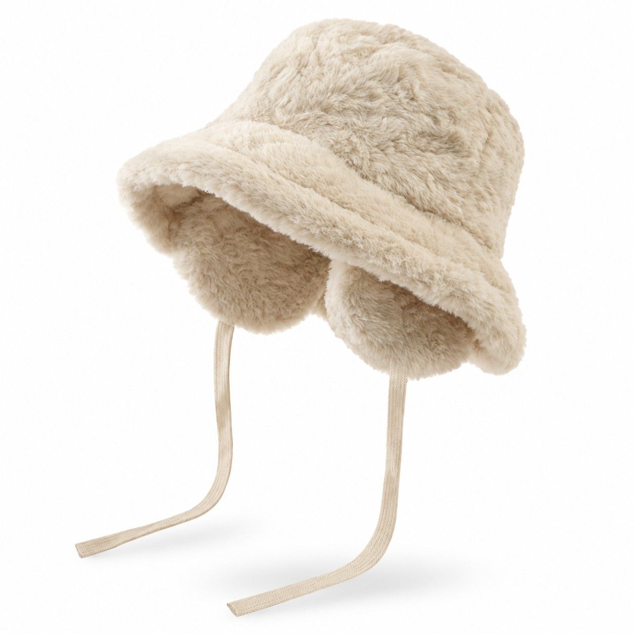 Plush Bucket Hat Removable Ear Flaps Tie Straps Fuzzy Winter Hat
