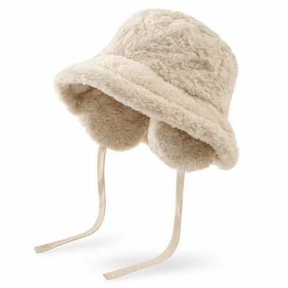 Plush Bucket Hat Removable Ear Flaps Tie Straps Fuzzy Winter Hat
