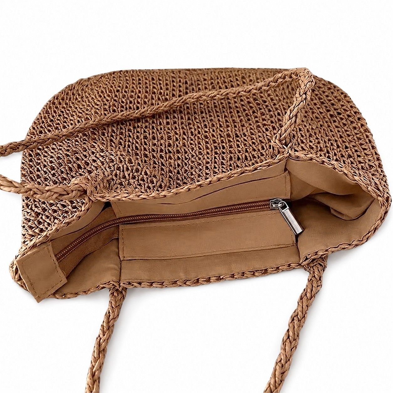 Soft Woven Shoulder Tote Bag with Zip Top and Double Shoulder Handles