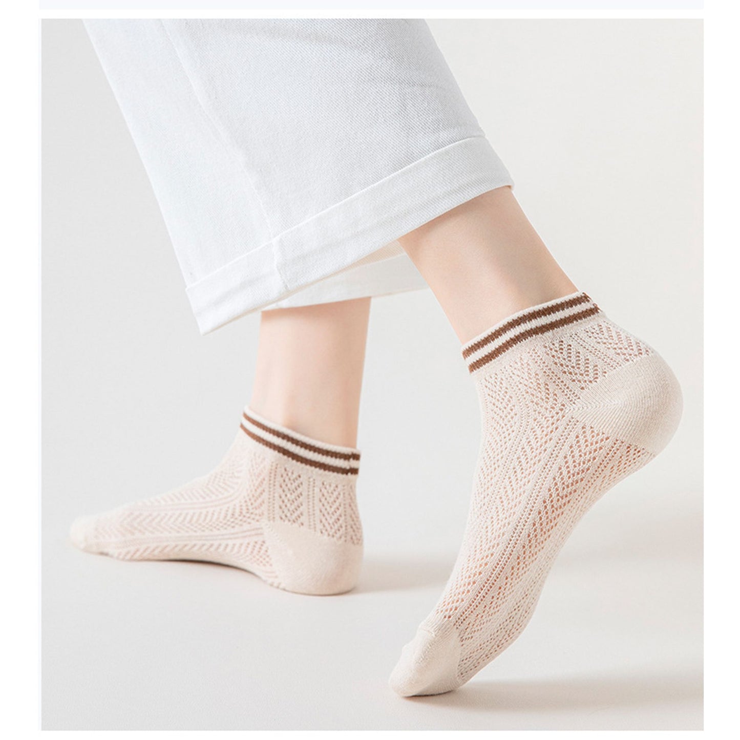 4-Pair Pack Lightweight Mesh Ankle Socks with Striped Cuffs Breathable Knit Texture