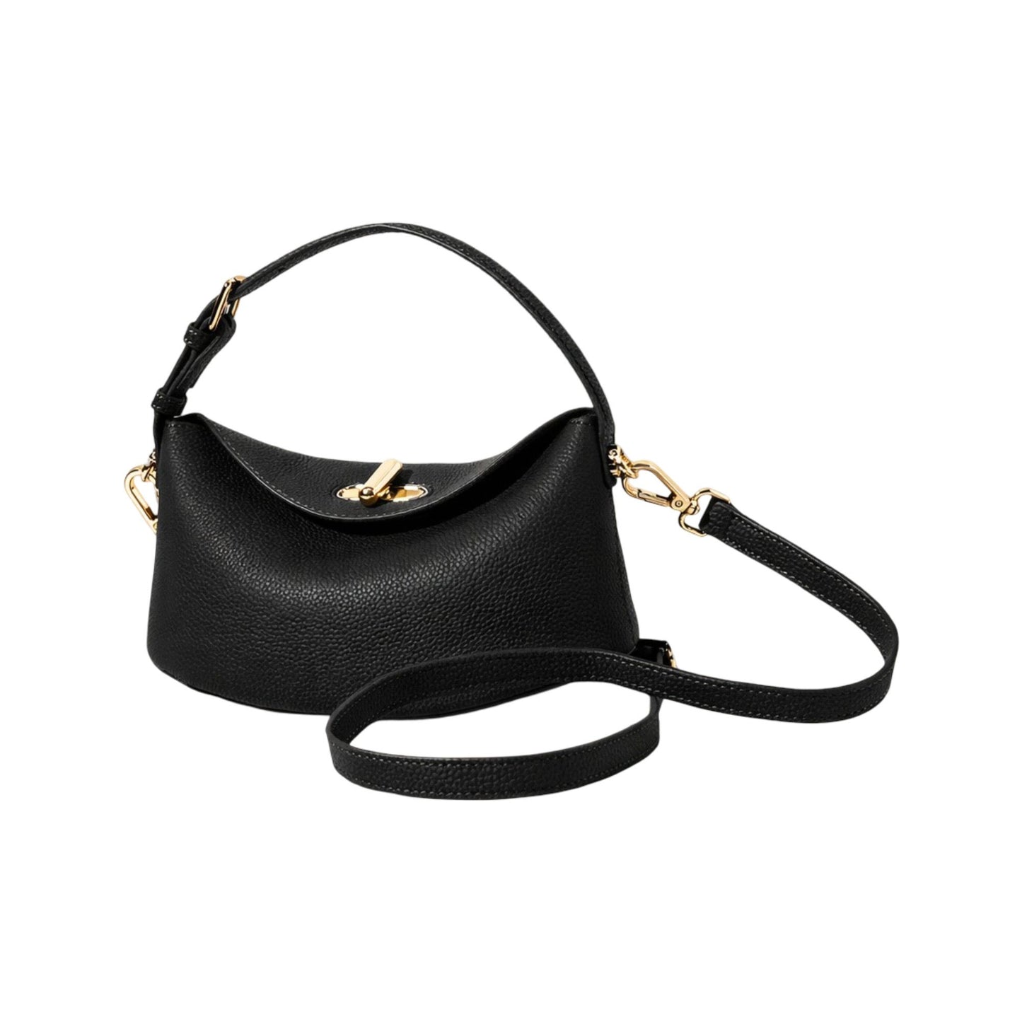 Curved Leather Mini Bag with Convertible Crossbody Strap and Foldover Turn Lock Closure