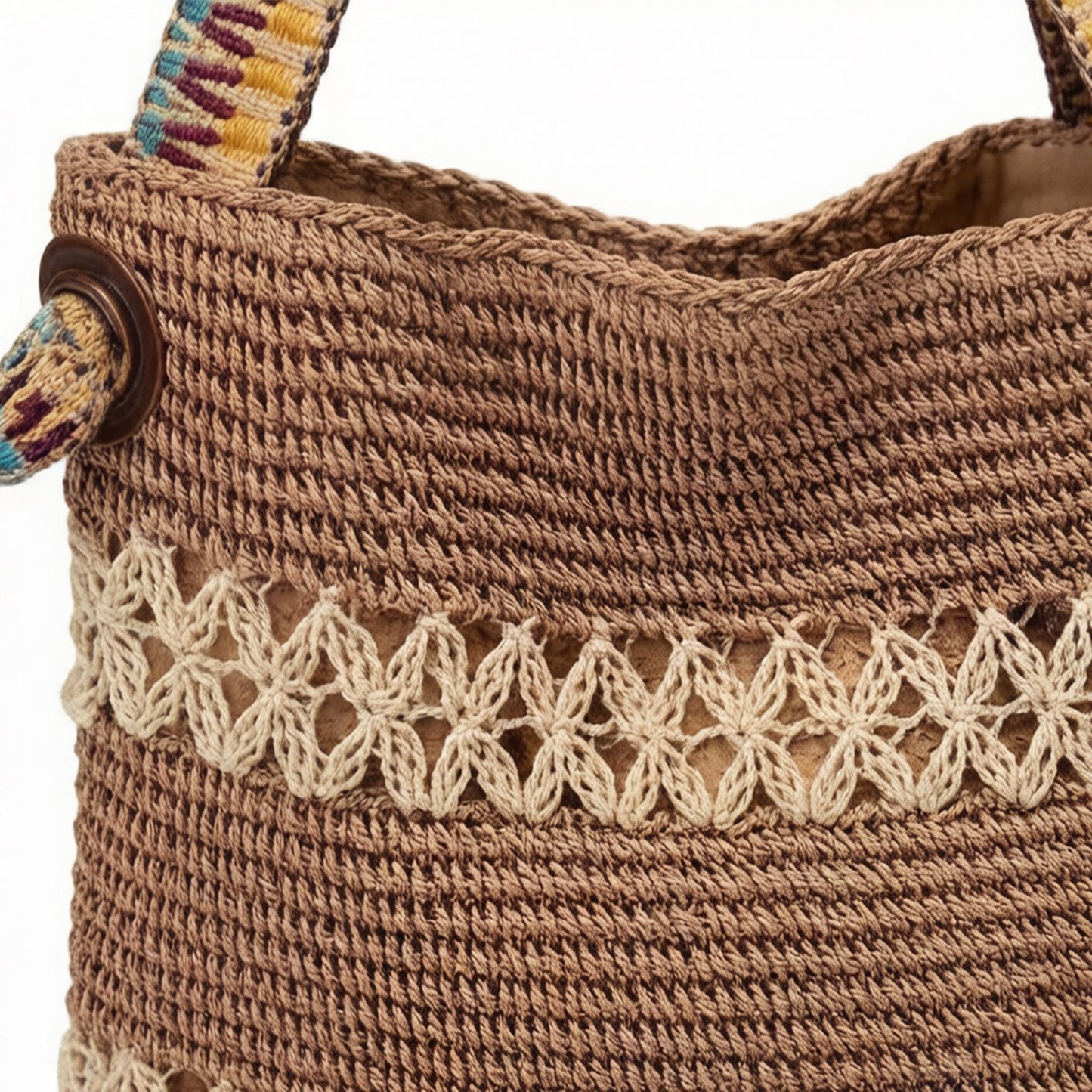 Crochet Shoulder Bag with Patterned Strap Knit Hobo Handbag Lined Casual Everyday Tote