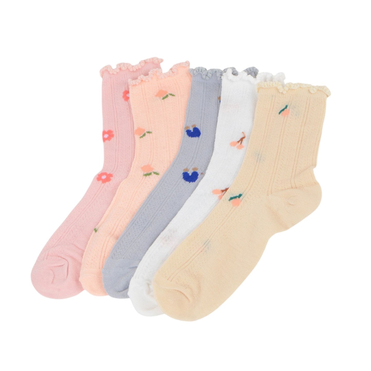 5-Pair Set Ruffle Ankle Socks with Floral Embroidery and Breathable Knit Design for Flats or Mary Janes