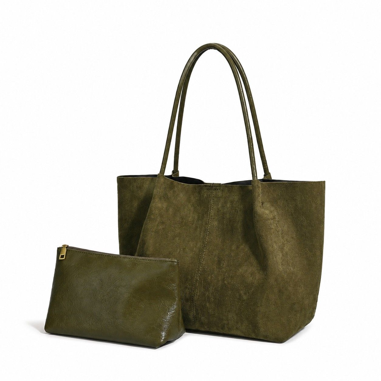 Faux Suede Tote Bag with Removable Zip Pouch and Double Shoulder Handles