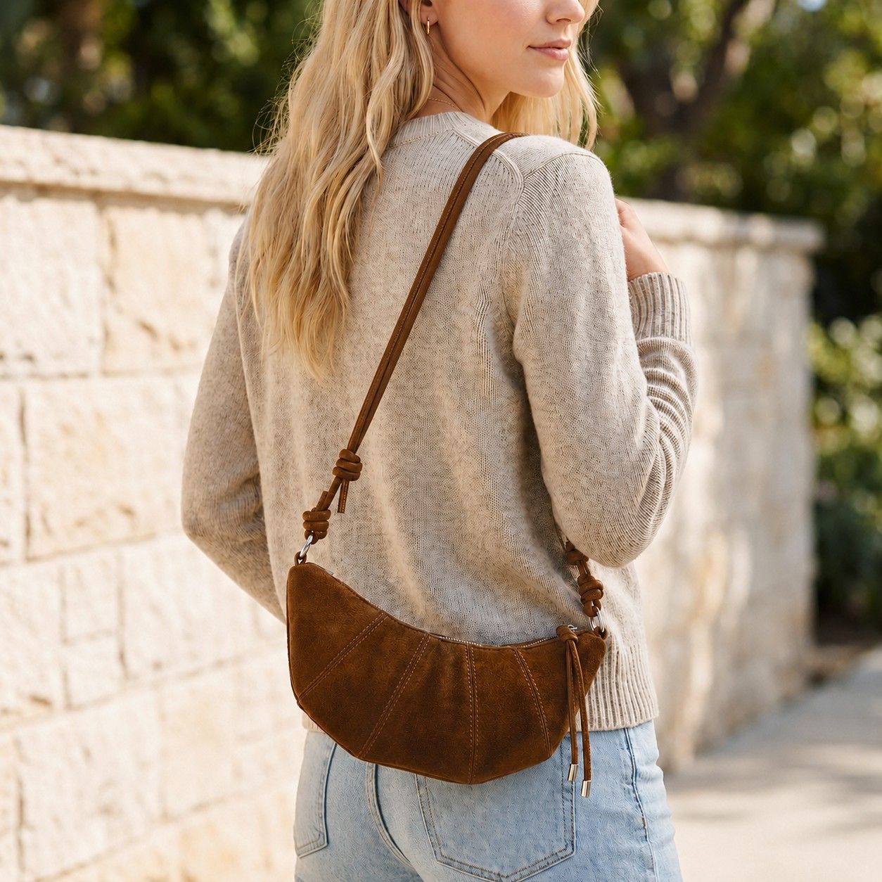 Soft Faux Suede Crossbody Shoulder Bag Adjustable Strap Compact Everyday Crescent Purse