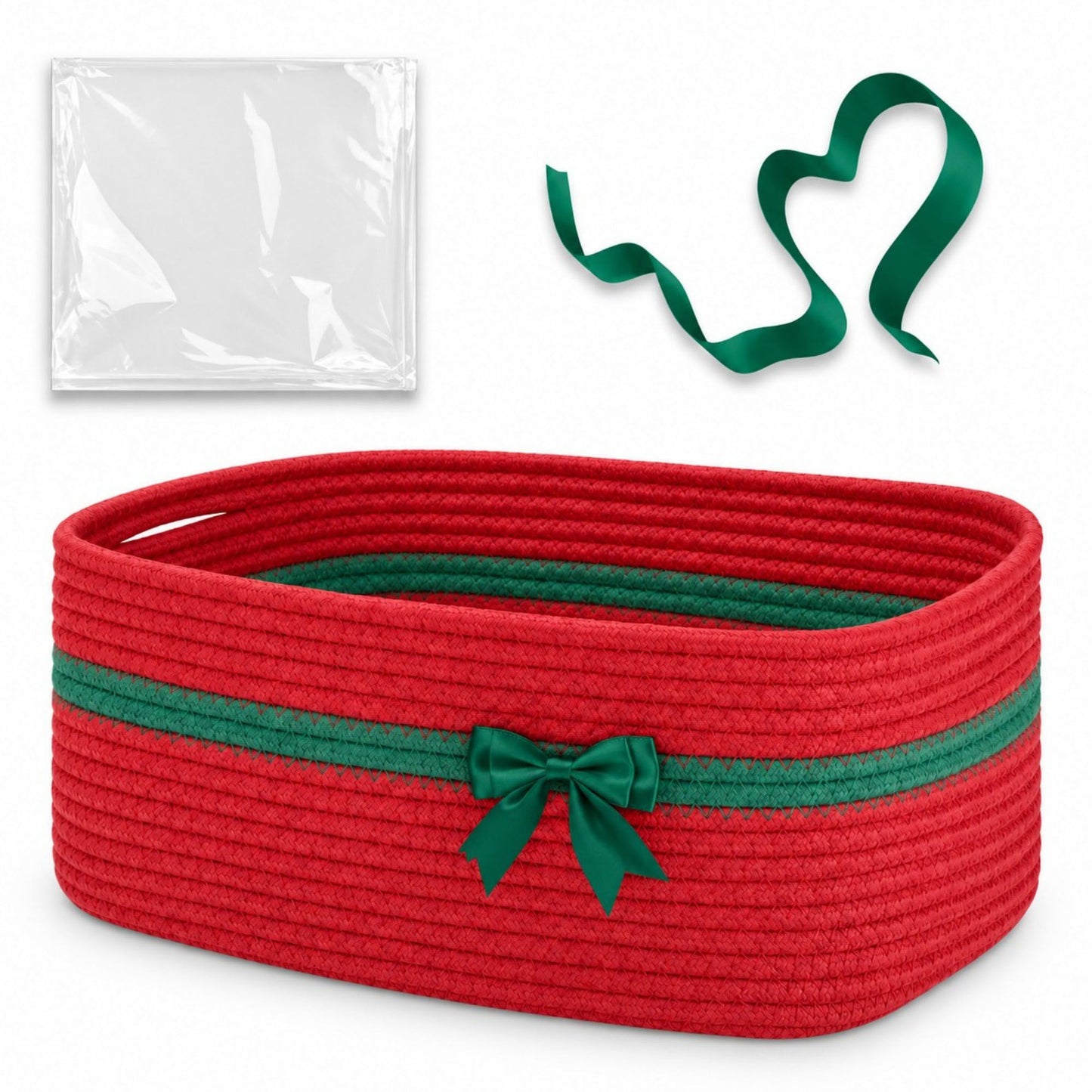 Woven Cotton Cord Rectangular Holiday Storage Basket with Bow