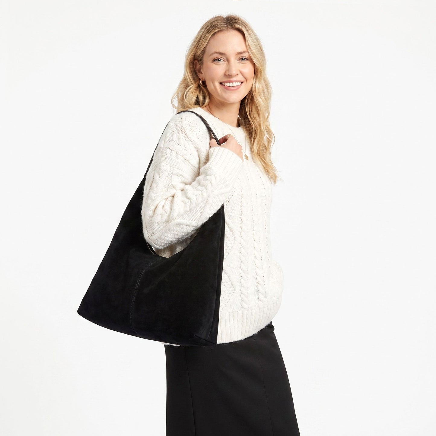 Slouchy Faux Suede Hobo Shoulder Bag with Zip Closure and Wide Strap