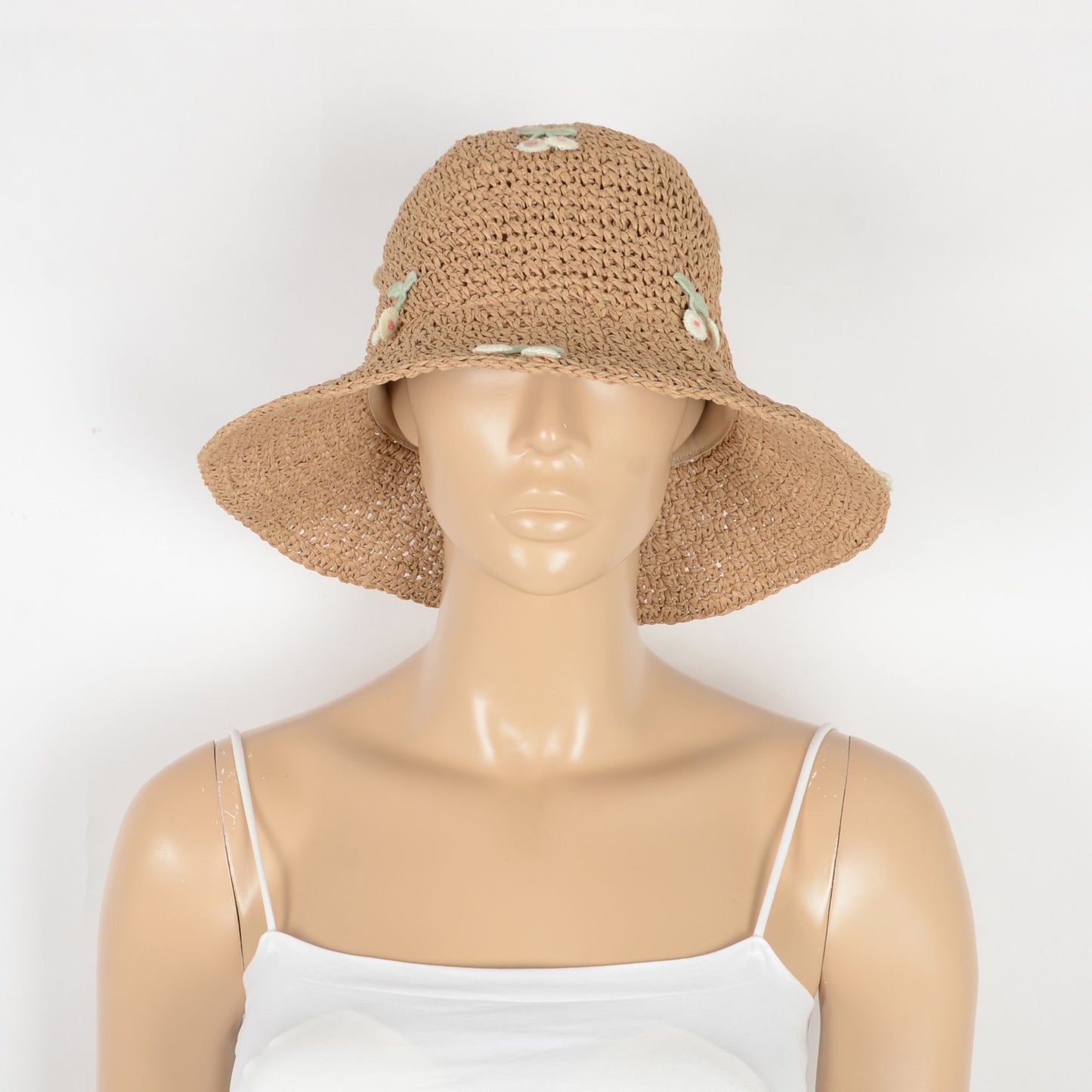 Straw Bucket Hat with Cherry Embellishments