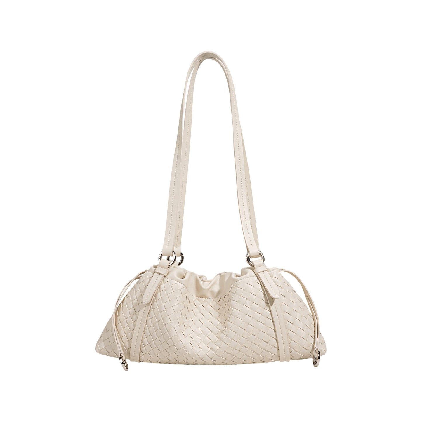 Woven Leather Shoulder Satchel with Ruched Top Detail Long Straps and Slouchy Shape
