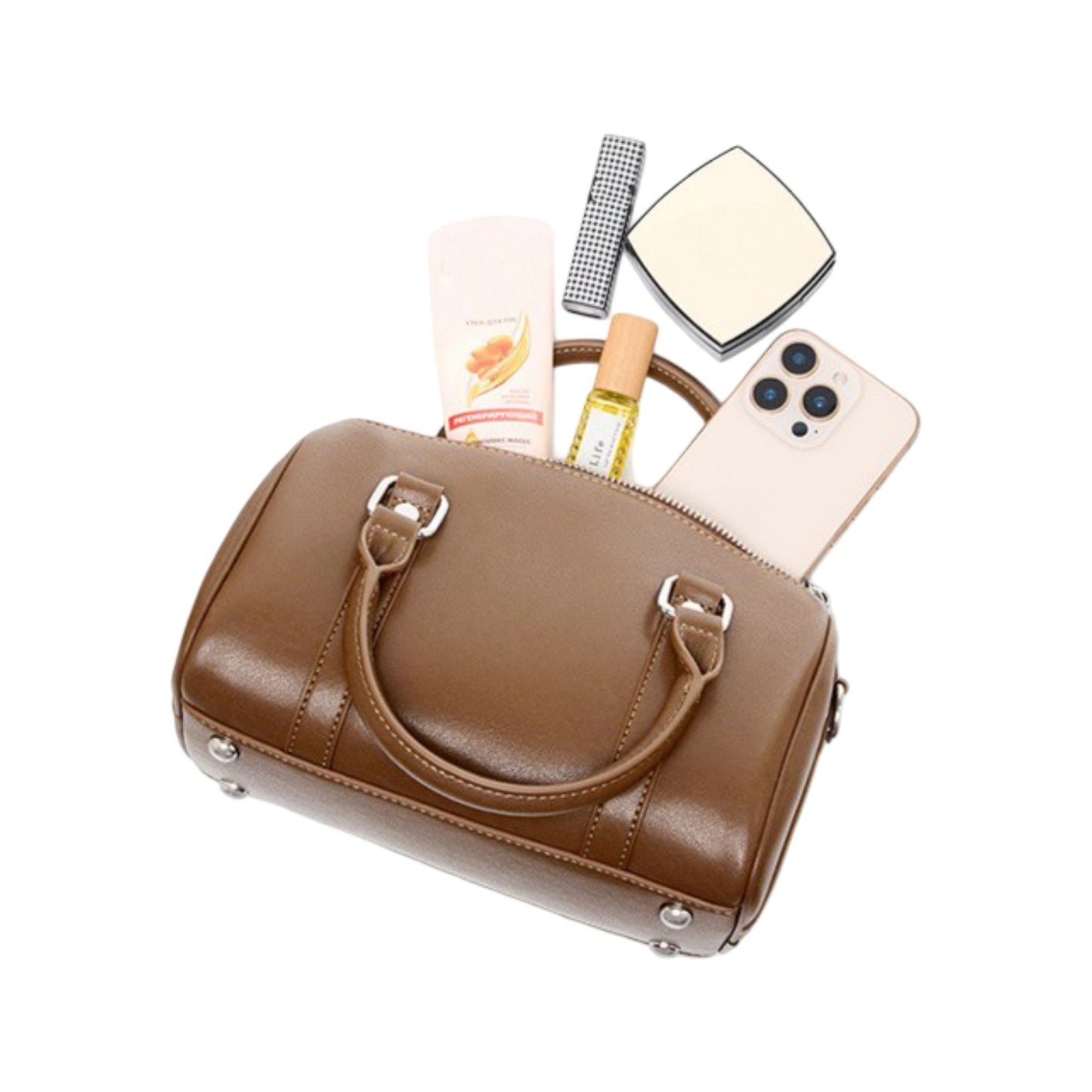 Structured Leather Barrel Satchel with Top Handles Compact Cylinder Shape and Crossbody Option