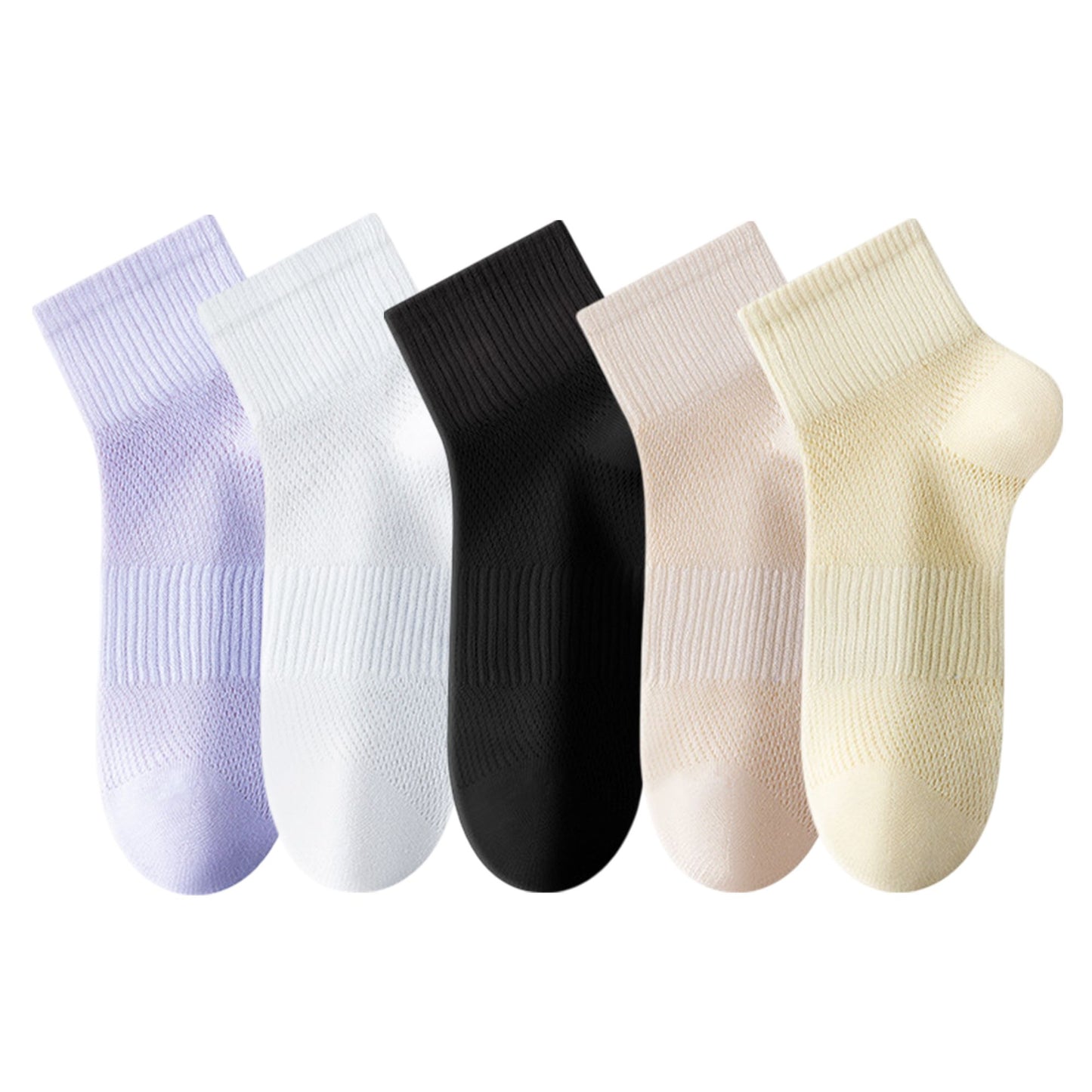 Womens Lightweight Breathable Ankle Socks 5-Pack Cushioned Sole Mesh Texture Soft Stretch Comfort Fit
