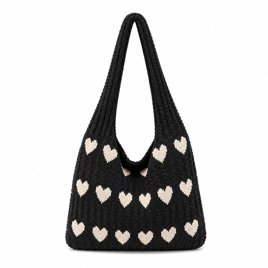 Knitted Heart Tote Bag Large Capacity Casual Shoulder Bag Lightweight Daily Bag