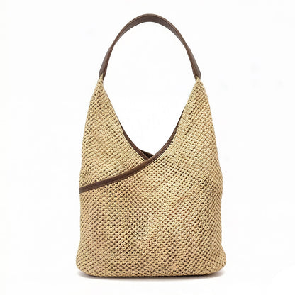 Woven Shoulder Hobo Bag with Faux Leather Trim Soft Knit Slouchy Handbag Casual Everyday Tote