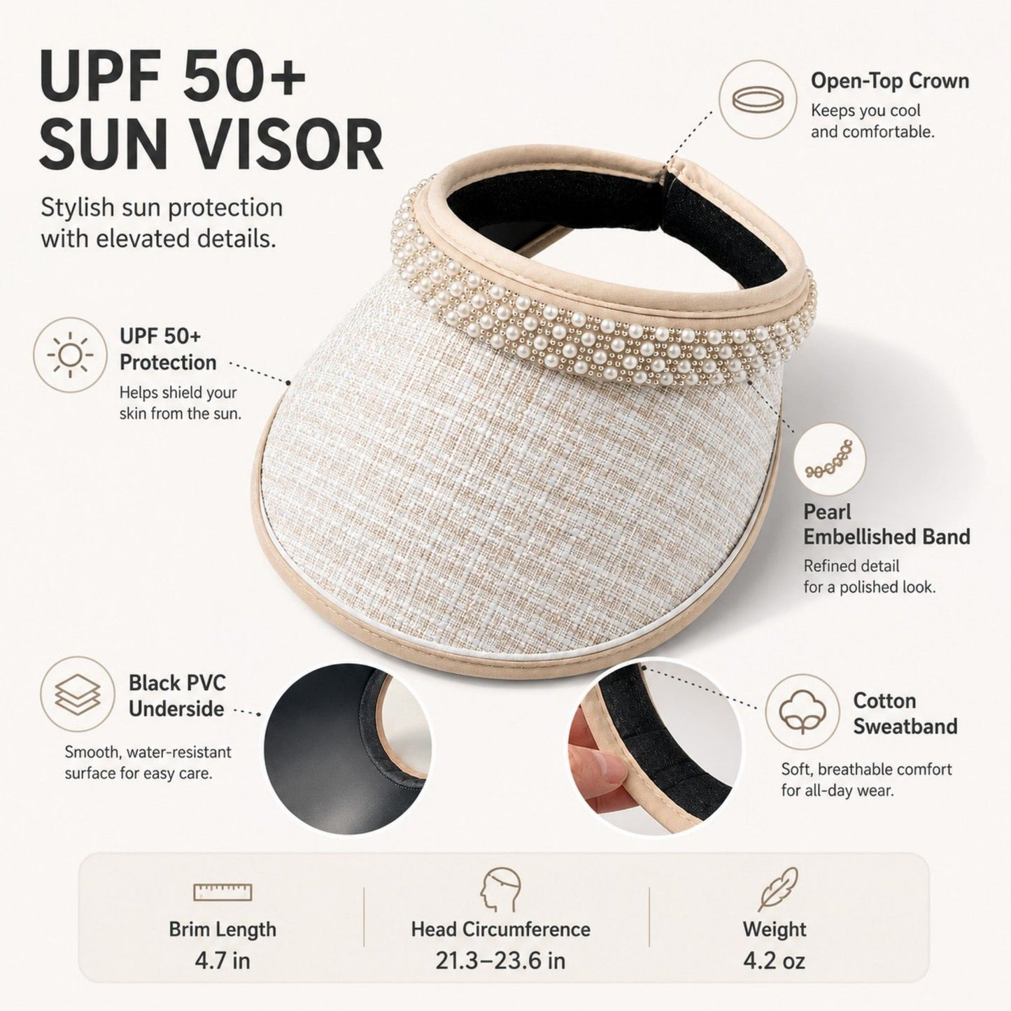 Wide Brim Visor Hat with Faux Pearl Embellished Band and Open Top Design