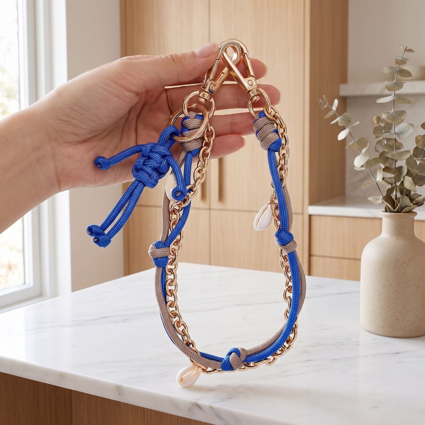Blue Rope and Gold Tone Chain Bag Charm with Shell Accents and Clip On Clasps