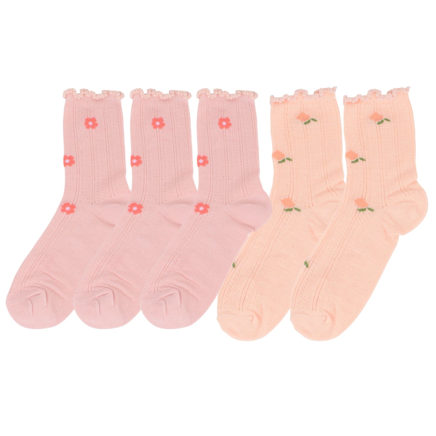 5-Pair Set Ruffle Ankle Socks with Floral Embroidery and Breathable Knit Design for Flats or Mary Janes